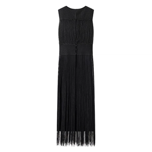 Detail showing high-quality black knitted fabric texture and vertical fringe tassels