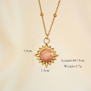 Detail view of 14K gold sunburst necklace showing pendant size 1.9cm and chain length info
