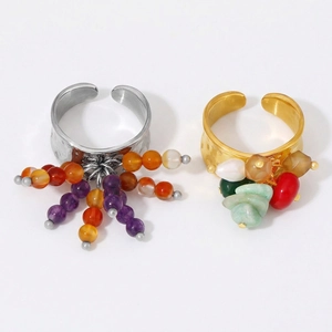 Baroque Natural Stone Beaded Open Adjustable Ring For Women Gold Titanium Steel Irregular Gravel Tassel Jewelry Finger Ring