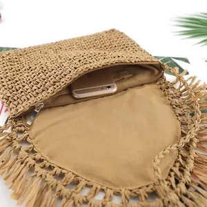 Mini paper rope straw envelope bag with fringe trim and zip closure for beach use