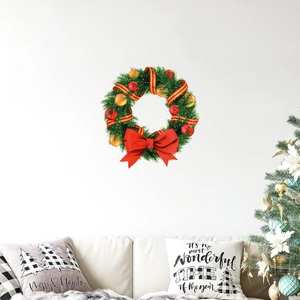 Christmas wreath wall sticker with green pine, red bow and ornaments for festive decor