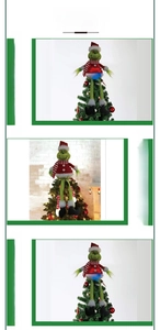 Detailed view of Grinch Christmas tree topper doll with long legs in holiday outfit