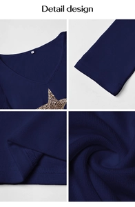 Detailed views of V-neck navy ribbed top featuring a leopard print star pattern