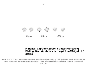 Three pairs of geometric cubic zirconia stud earrings with detailed size and weight specs