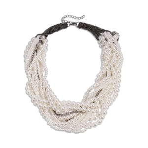 Multi-layer pearl necklace with sparkling rhinestones and metal chains on white background