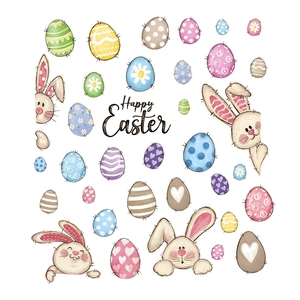 Happy Easter window stickers featuring cartoon bunnies and colorful patterned eggs