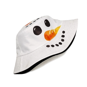 Detailed view of white canvas bucket hat featuring a stitched snowman face and black lining