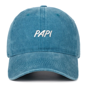 Retro blue washed cotton baseball cap with white PAPI embroidery and curved brim