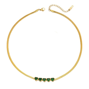 Golden snake chain necklace with five heart-shaped emerald green gemstone pendants