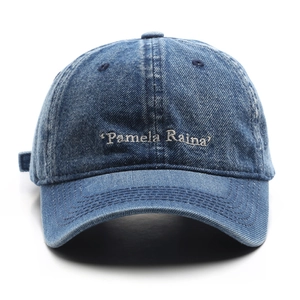 Vintage washed deep blue denim baseball cap with Pamela Raina embroidery for men and women