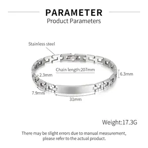 Detailed dimensions of silver stainless steel link bracelet with engravable id plate