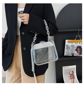 Detail of transparent PVC bag featuring silver rhinestone trim and grey acrylic chain
