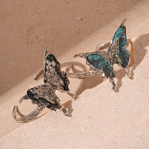 Vintage resin butterfly open cuff bracelets with layered textures and silver metal frames