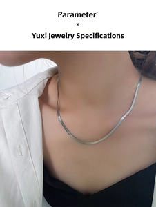 Detailed view of silver minimalist flat snake chain necklace on model skin