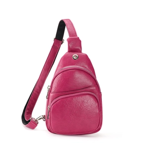 Minimalist rose red PU leather chest bag with adjustable strap and multiple zip pockets