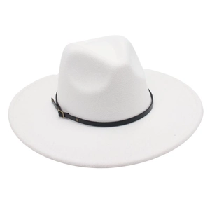 Detail view of a white wool felt fedora with a black leather belt strap and metal buckle