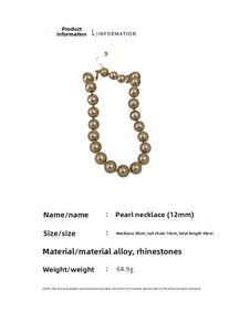 Detailed spec sheet of champagne 12mm pearl necklace with golden alloy clasp and rhinestone