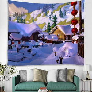 Vue détaillée d'une tapisserie de village sous la neige dans un salon moderne