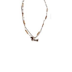 Double-layer necklace with beaded chain and silver puppy dachshund dog pendant