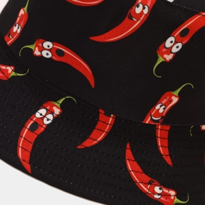 Macro shot of chili pattern bucket hat with premium stitching and cotton canvas texture