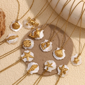 18K gold plated stainless steel ocean necklaces with starfish and shell pendants