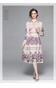 Close-up of floral print pattern on the long sleeve vintage high waist dress