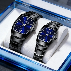 Detail view of KINGNUOS quartz watch with blue square dial and black strap in gift box