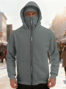 Close-up of full-zip hoodie with face mask detail in heather gray heavy cotton fabric