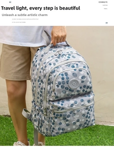 Close-up of casual grey oxford backpack with blue and white polka dot pattern and zippers