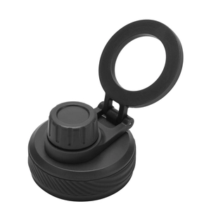 Detail of black sports bottle lid with magnetic phone holder and durable carry handle
