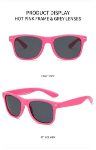 Front and 45-degree side views of rose red square sunglasses with gray lenses