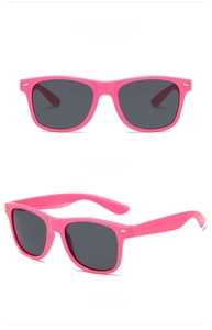 Front and 45-degree side views of rose red square sunglasses with gray lenses