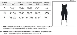 Detailed size chart for women's slim fit jumpsuit showing bust, waist and hip measurements
