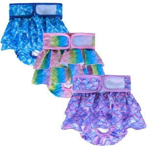 Three-pack reusable dog diapers featuring mermaid scale prints and ruffled layered skirts