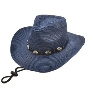Navy blue straw cowboy hat with a metal-buckled black band and chin strap for travel