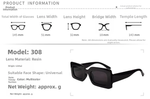 Detailed size chart for square sunglasses showing lens width and temple length