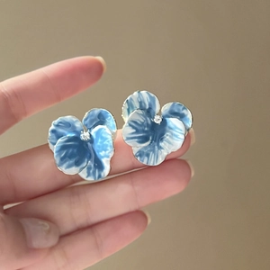 Blue Pansy Flower Stud Earrings Alloy Enamel With Silver Earring Post Rhinestone Elegant Floral Jewelry For Women