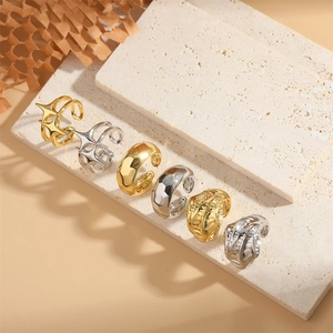 Adjustable Open Rings For Women 14K Gold Plated Copper Cross Star Wing Hammered Texture Minimalist Jewelry