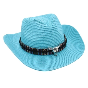 Detailed view of the blue straw cowboy hat with ethnic band and silver bull skull