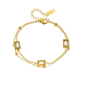 Gold-plated stainless steel double-layered chain bracelet with square stones and metal beads