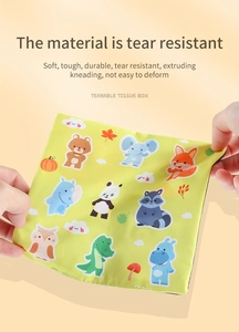 Detail showing tear-resistant soft fabric of the baby sensory tissue box toy