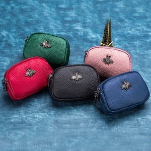 Mini genuine leather coin purse with double zippers and vintage bee accent in 5 colors