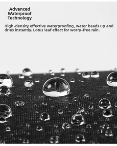 Macro view of waterproof black umbrella fabric showing hydrophobic water droplets