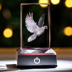 Detail of 3D laser engraved pigeon inside transparent crystal cuboid with glowing base