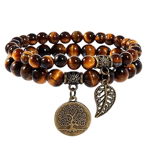 Detail of 6mm/8mm tiger eye stone bracelet with bronze tree of life and leaf charms