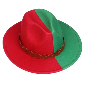 Close-up of red and green two-tone felt fedora with a brown braided leather band