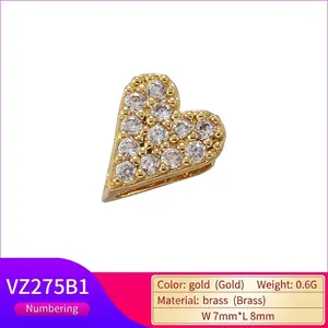 Golden heart charm with micro-paved zircons for DIY jewelry making, 7mm x 8mm size
