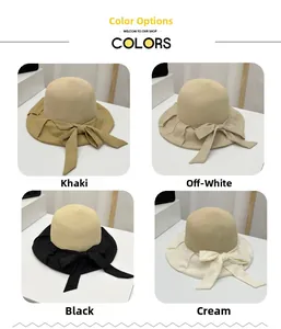Straw sun hats shown in khaki, beige, black, and milk white with decorative bows