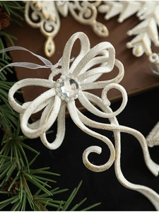 Close-up of a white glitter bow ornament with a crystal center on a Christmas tree