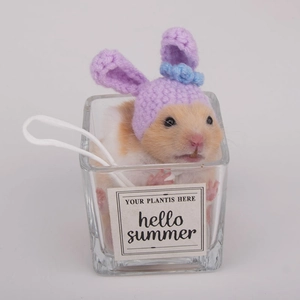 Handmade purple knitted hamster hat with blue flower detail on a small pet